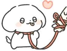 a cartoon drawing of a dog holding a rope with a heart in the background