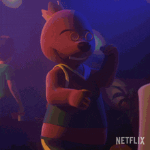 a cartoon character from netflix is dancing and smiling