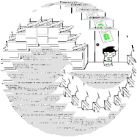 a black and white drawing of a boy standing in front of a door with a green sign that says " welcome "
