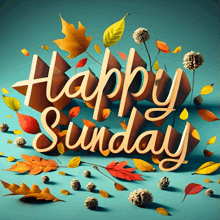 a sign that says happy sunday surrounded by leaves and acorns