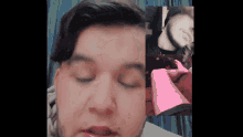 a close up of a person 's face with a collage of pictures