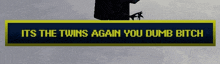 a sign that says ' its the twins again you dumb bitch ' on it