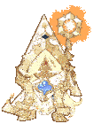 a cartoon character is wearing a white robe and holding a cane and a shield .
