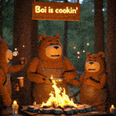 a sign that says boi is cookin ' hangs above a group of teddy bears