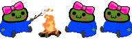 a pixel art of a green frog with a pink bow roasting marshmallows over a campfire .