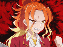 a cartoon character with red hair and yellow hair is holding a knife
