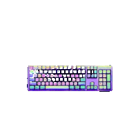 a purple and green keyboard with a rainbow colored border on a white background .