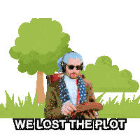 a man sitting in a chair reading a book with the words we lost the plot above him
