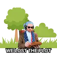 a man sitting in a chair reading a book with the words we lost the plot above him