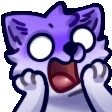 a purple and white cat with a surprised look on its face is covering its face with its paws .