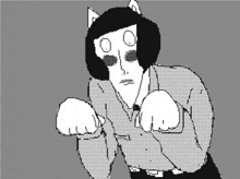 a black and white drawing of a man wearing a cat mask and ears .