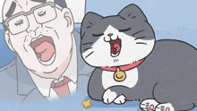 a cartoon drawing of a man and a cat with the cat yawning