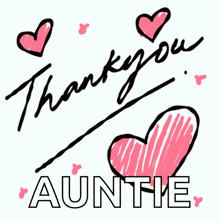 a thank you auntie card with pink hearts and a handwritten note