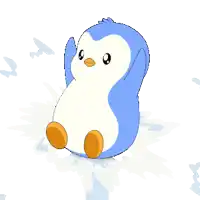 a blue and white penguin sitting on a snowy surface