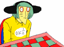 a pixelated drawing of a person wearing headphones and a yellow shirt that says okz