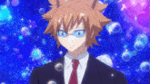 a man in a suit and tie is surrounded by bubbles on a blue background
