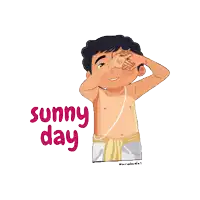 a cartoon of a shirtless man covering his eyes with his hands and the words sunny day below him
