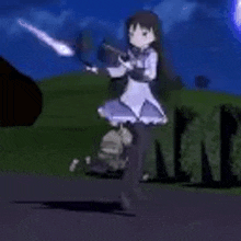 a cartoon character is holding a gun and a sword while running .