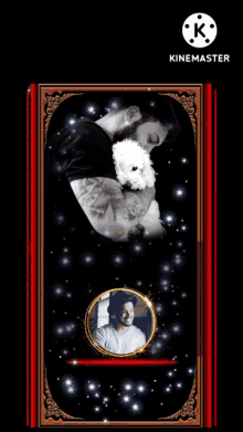 a man with a tattoo on his arm is holding a white dog in his arms