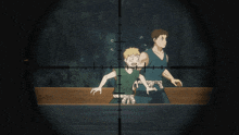 a cartoon of two men looking through a sniper rifle