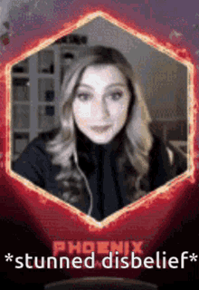 a picture of a woman in a red frame with the words phoenix * stunned disbelief *