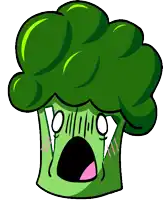 a cartoon drawing of a broccoli head with a surprised look on its face