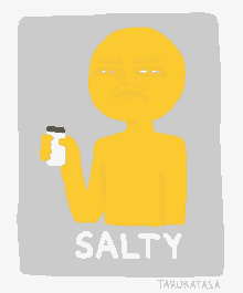 a cartoon of a man holding a black object with the word salty written below him