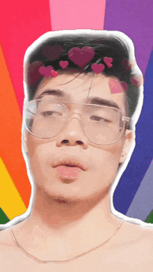 a man with glasses and hearts on his head looks at the camera