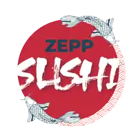 a logo for zepp sushi with a red circle