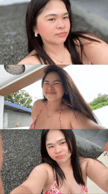 a woman in a bikini takes a selfie in three different poses