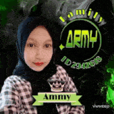a girl is wearing a hijab and a plaid shirt and has the name ammy on her id