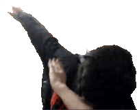 a person with their arms outstretched in the air against a white background