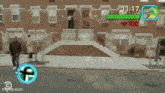 a screenshot of a video game shows a man walking down a street