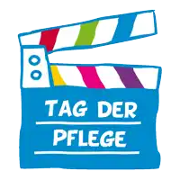 a blue clapper board says tag der pflege in white letters