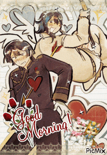 a drawing of a man holding another man with the words good morning