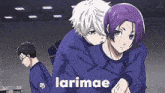 a man is carrying a girl on his back with the word larimae written on the bottom