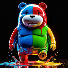 a colorful teddy bear is standing in a puddle of paint on a black background