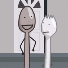 a cartoon drawing of a spoon and fork with faces on them