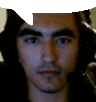a close up of a man 's face with a white speech bubble above his head