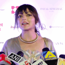 a woman stands in front of several microphones including one that says ani