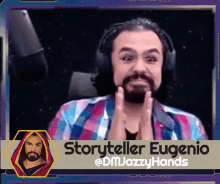 a man with a beard wearing headphones and the name storyteller eugenio on the bottom