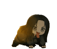a cartoon character with long black hair is crawling with his tongue out