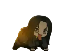 a cartoon character with long black hair is crawling with his tongue out
