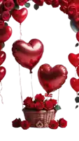 a basket of red roses is surrounded by heart shaped balloons with the letters ac on them