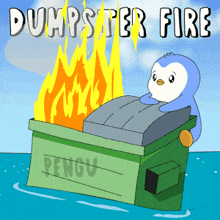 a cartoon of a penguin sitting on a dumpster fire