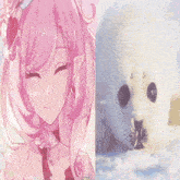 a drawing of a girl with pink hair and a seal