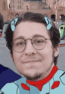 a man with glasses and a beard is wearing a cartoon character costume .