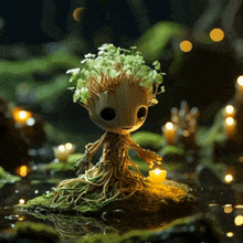 a figurine of a tree with roots and flowers on it