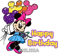 minnie mouse is holding a bunch of balloons and a gift box and says happy birthday melissa .