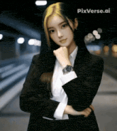 a woman wearing a suit and a watch has pixverse.ai written on the bottom